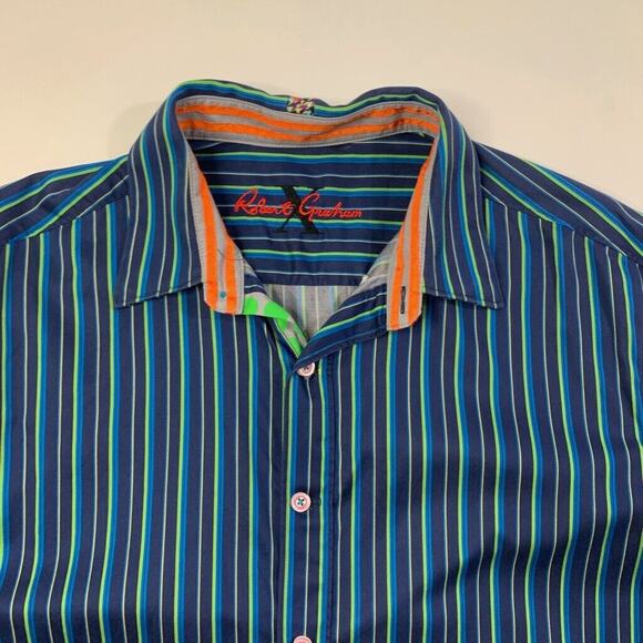 Robert Graham Shirt Mens L Large Navy Multi Cotton Flip Cuff Striped Button Up - Picture 5 of 11